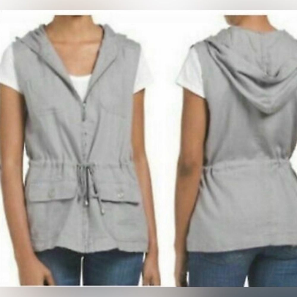 Kenar Gray Linen Front Zipper Hoodie Sleeveless Vest Jacket